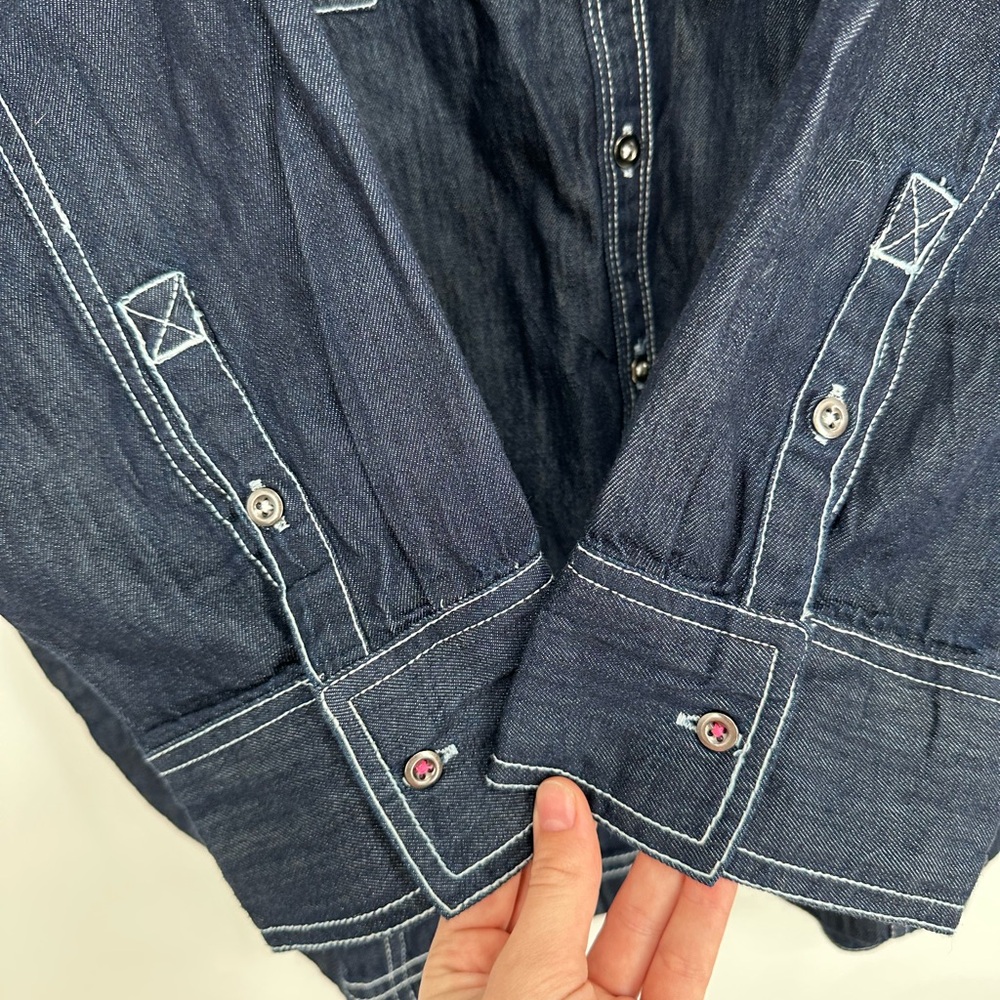 Anthropologie Dark Navy Button-Down Shirt with Contrast White Stitching - Picture 7 of 10
